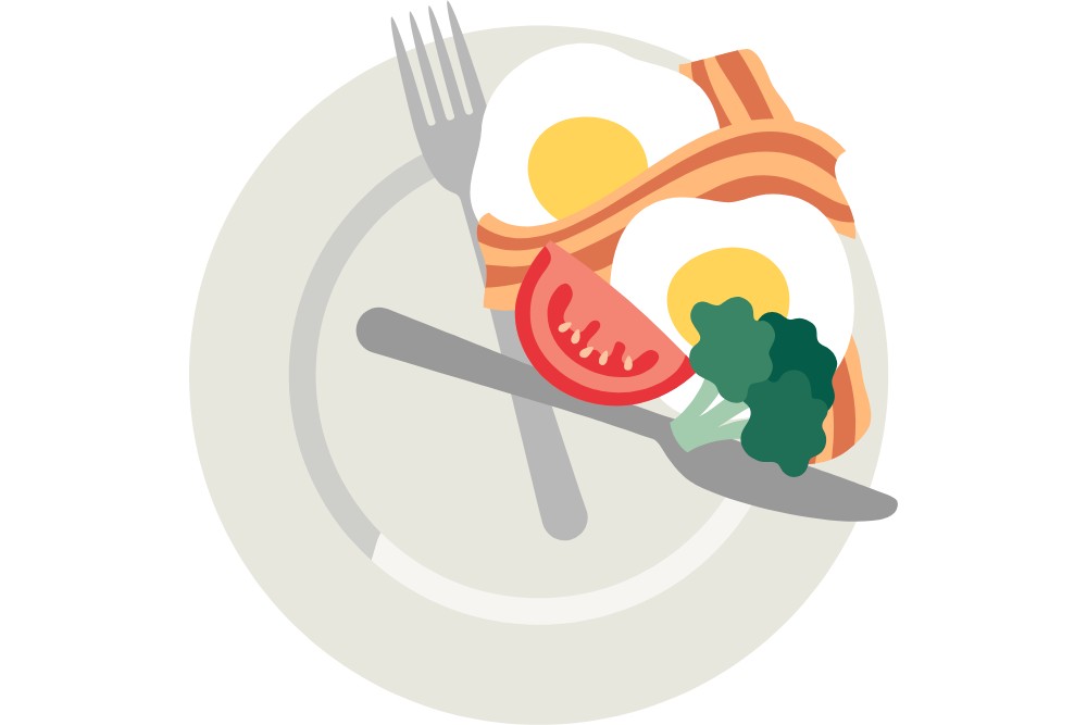 Illustration of a plate with eggs, bacon, tomato, and broccoli, symbolizing a meal for intermittent fasting and healthy eating.